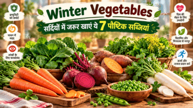 Winter Vegetables including spinach, carrots, beetroot, sweet potatoes, white radish, mustard greens and green peas arranged on a table.