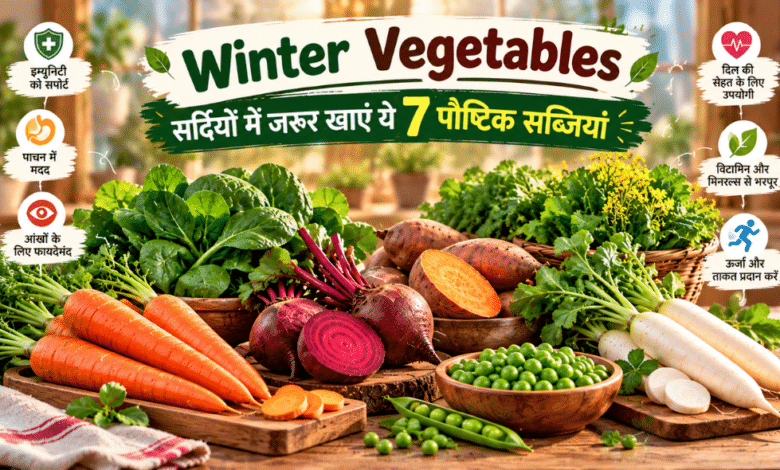 Winter Vegetables including spinach, carrots, beetroot, sweet potatoes, white radish, mustard greens and green peas arranged on a table.